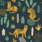 Cute seamless pattern with Leopards, exotic leaves and shapes .
