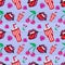 Cute seamless pattern with lips, cherry, milkshake and heart at marine stripes background