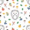 Cute seamless pattern with little hedgehog, apples and berries. Childish background with funny characters