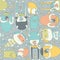 Cute seamless pattern with lovely doodle monsters eating, staying and looking at spectator. Colorful creatures on grey