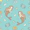 Cute seamless pattern with mermaids and sea animals