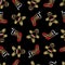 Cute seamless pattern with neon gingerbread man and Christmas stocking icons on black background. Winter holidays, X-mas, New Year