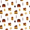 Cute seamless pattern with old town house with autumn trees. Fall warm orange and yellow color palette.