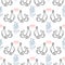 Cute seamless pattern with outlines of enamored birds, hearts and flowers. Sketch, doodle, scribble.