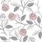 Cute seamless pattern with pink roses and light grey leaves isolated on white background