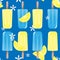 Cute seamless pattern of popsicles ice-cream with sliced lemon and lemon blossom on blue background design for summer print