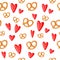 Cute seamless pattern with a pretzels and red hearts on a white background. Vector illustration.