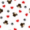 Cute seamless pattern with pug dog, paw print and red heart, transparent background