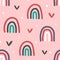 Cute seamless pattern with rainbows, hearts and dots.  Drawn by hand.