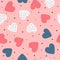 Cute seamless pattern with repeating hearts and round dots. Romantic endless print. Drawn by hand.