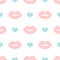 Cute seamless pattern with repeating lips and hearts. Simple girly print.