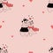 Cute seamless pattern. Romantic enamored hugging bears on pink background with hearts. Vector illustration in doodle style.