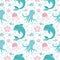 Cute seamless pattern with sea animals. Octopus, dolphin, jellyfish, shell, fish, starfish. Undersea world