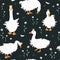 Cute seamless pattern with Sebastopol goose in crowns, diamonds, and chamomile flowers. Royal Geese fantasy background