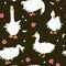 Cute seamless pattern with Sebastopol goose in crowns, diamonds, and rose flowers. Royal Geese fantasy background