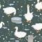 Cute seamless pattern with Sebastopol goose, doodle flowers, and paddles after the rain. Geese in the grass. Vector