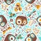 Cute seamless pattern with silhouettes of cartoon sugar skulls, blooming summer plants, goggle eyed butterflies and