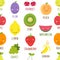 Cute seamless pattern with smiley fruits in cartoon style, funny characters for kids, childish design