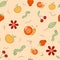 Cute seamless pattern with snails and flowers stitches and buttons. Vector