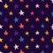 Cute Seamless pattern with space elements. Cartoon style wallpaper with colourful cosmic stars. Children`s background