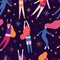 Cute Seamless pattern with space elements and pretty girl in pajamas. Cartoon style wallpaper with sleeping fly girl and