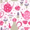 Cute seamless pattern of teatime. Teapots, teacups, flowers in pots, and hearts on white background. Romantic tea party
