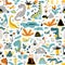 Cute seamless pattern with a variety of dinosaurs, birds, snakes, insects in the jungle, tropics, volcanoes, palm trees