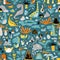 Cute seamless pattern with a variety of dinosaurs, birds, snakes, insects in the jungle, tropics, volcanoes, palm trees, clouds,