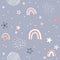 Cute seamless pattern vector illustration in simple nordic scandinavian flat style with rainbow, stars, rain, line and