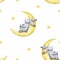 Cute seamless pattern watercolor cartoon bunny with crescent moon and yellow stars. Kids illustration. For baby textile, fabric, p