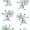 Cute seamless pattern watercolor cartoon bunny with green clover. Summer illustration. For baby textile, fabric, print and wallpap