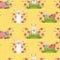 Cute seamless pattern with white rabbits and colored eggs in grass. Bunny sits in flowers, looks out from bushes. Bright eggs with