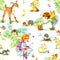 Cute seamless pattern with Winged Fairies and little forest animals. Fabric design for girls.