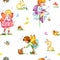 Cute seamless pattern with Winged Fairies and little forest animals. Fabric design for girls.