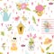 Cute seamless spring floral bouquet pattern Birds family rabbit Light baby design vector