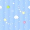 Cute seamless striped and dotted pattern background with clouds and colorful falling stars. Children`s bedroom, baby nursery