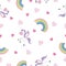 Cute seamless unicorn pattern with rainbow. Textile graphic t-shirt print. Hand drawn unicorns background.