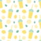 Cute seamless vector pattern background illustration with summer fresh lemonades in a plastic cups, lemons, mint and lemon slice