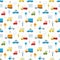 Cute seamless vector pattern with city transport, cars, trucks and buses