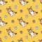 Cute seamless vector pattern with corgi dogs and paws on yellow background.