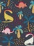 Cute Seamless Vector Pattern with Dreamy Dinosaurs, Spots and Coco Palms.