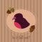 Cute seasonal card with a sleepy bird on a striped background and autumn leaves