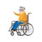 Cute senior man in wheelchair, move up his hand