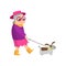 Cute senior woman with pink hat walking with dog