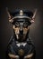 Cute serious dog dressed in police costume on a dark background. Funny image. Generative AI