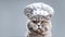 Cute serious gray cat in white chef\\\'s hat on gray background. Cat in the form of cook. Copy space.