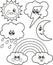 Cute set of cartoon weather icons, vector black and white icons, illustrations for children`s coloring or creativity