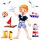 Cute set with a child playing sailor. A boy in a sailor suit, a lighthouse, a paper boat, seagulls, a raft, rubber boots, a shell