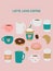 Cute set of coffee menu with cups of coffee drinks with milk, cupcakes and beans. Vector icons.