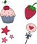 Cute set with cupcake, strawberries, stars